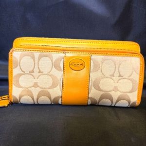 Coach Signature Beige and Yellow Long Double Zip Wallet